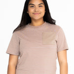Front view of the Mackenzie breastfeeding tee in brown and white stripes with a tonal chest pocket