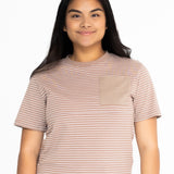 Front view of the Mackenzie breastfeeding tee in brown and white stripes with a tonal chest pocket