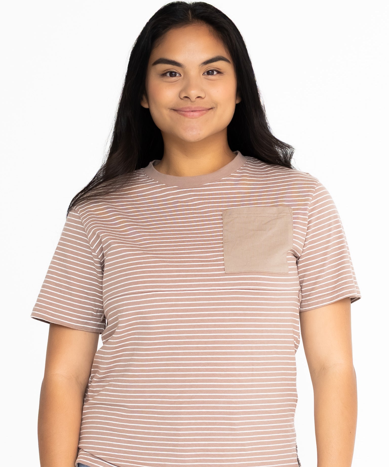 Front view of the Mackenzie breastfeeding tee in brown and white stripes with a tonal chest pocket
