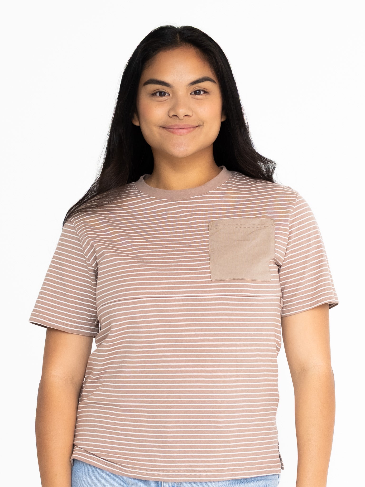 Front view of the Mackenzie breastfeeding tee in brown and white stripes with a tonal chest pocket