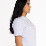 Side view of the grey Indiana boyfriend tee showing the relaxed oversized fit