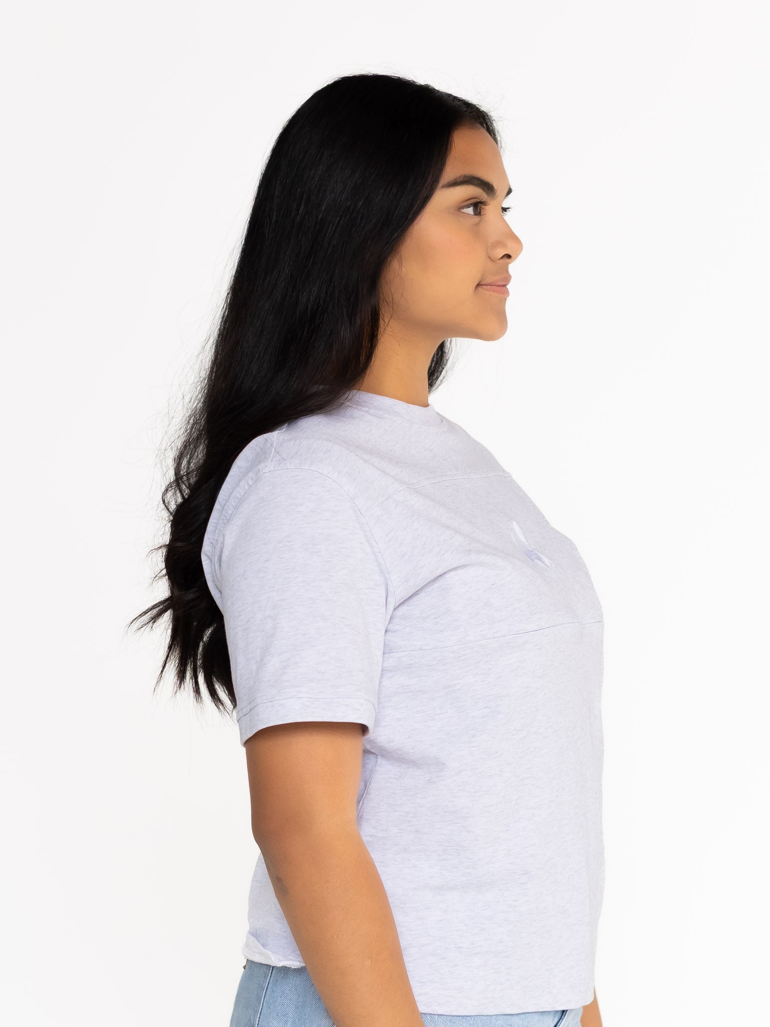 Side view of the grey Indiana boyfriend tee showing the relaxed oversized fit