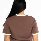 Back of the brown Indiana boyfriend tee, showing the pink trim and relaxed fit