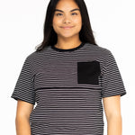 Front view of the Mackenzie breastfeeding tee in black and white stripes with a black chest pocket