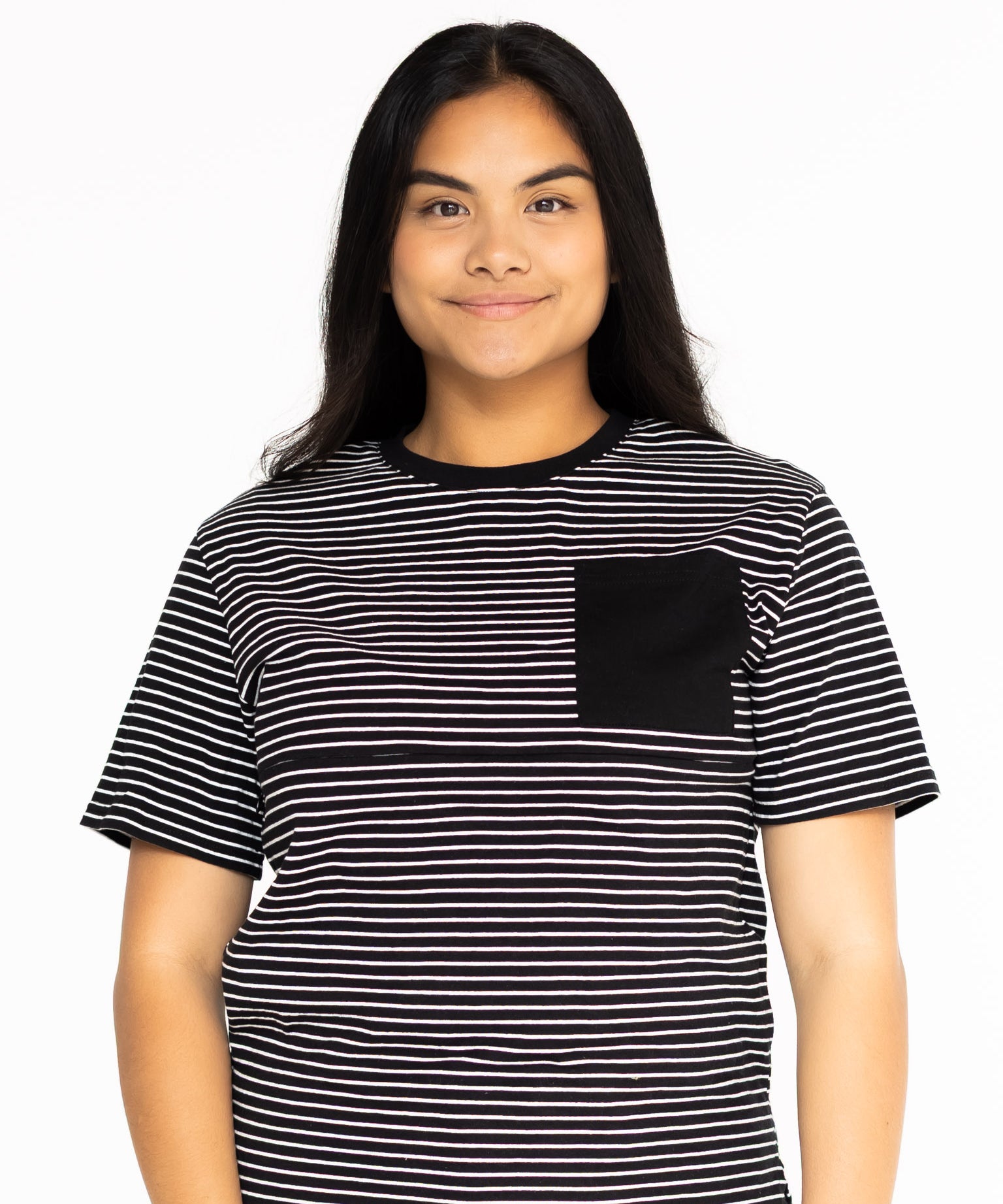 Front view of the Mackenzie breastfeeding tee in black and white stripes with a black chest pocket