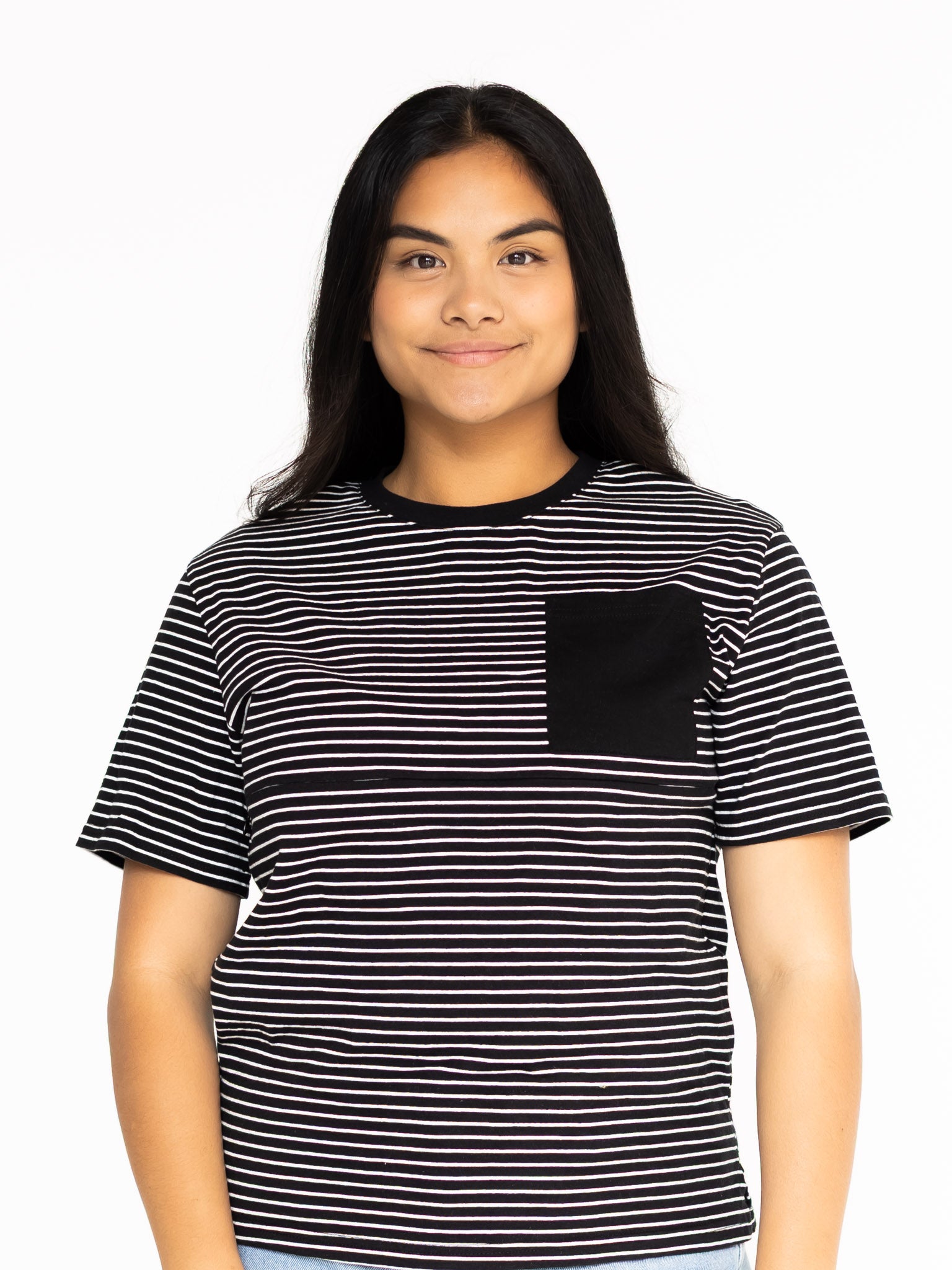 Front view of the Mackenzie breastfeeding tee in black and white stripes with a black chest pocket