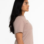 Side view of the brown striped Mackenzie tee showing the relaxed oversized fit