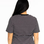 Back view of the black and white striped Mackenzie boyfriend tee
