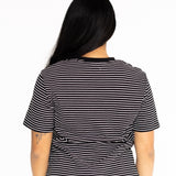 Back view of the black and white striped Mackenzie boyfriend tee
