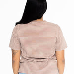 Back view of the brown and white striped Mackenzie boyfriend tee