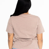 Back view of the brown and white striped Mackenzie boyfriend tee