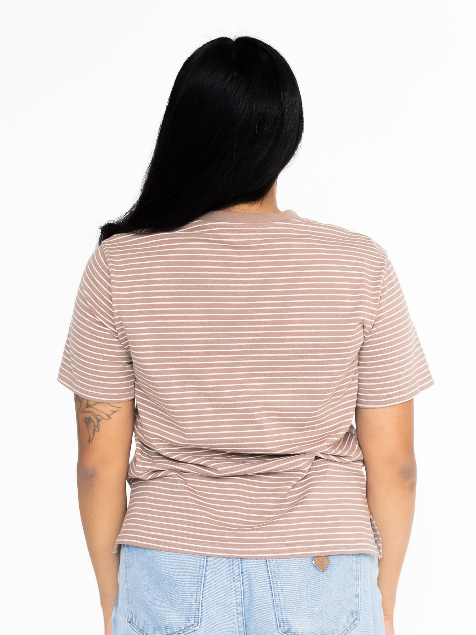 Back view of the brown and white striped Mackenzie boyfriend tee